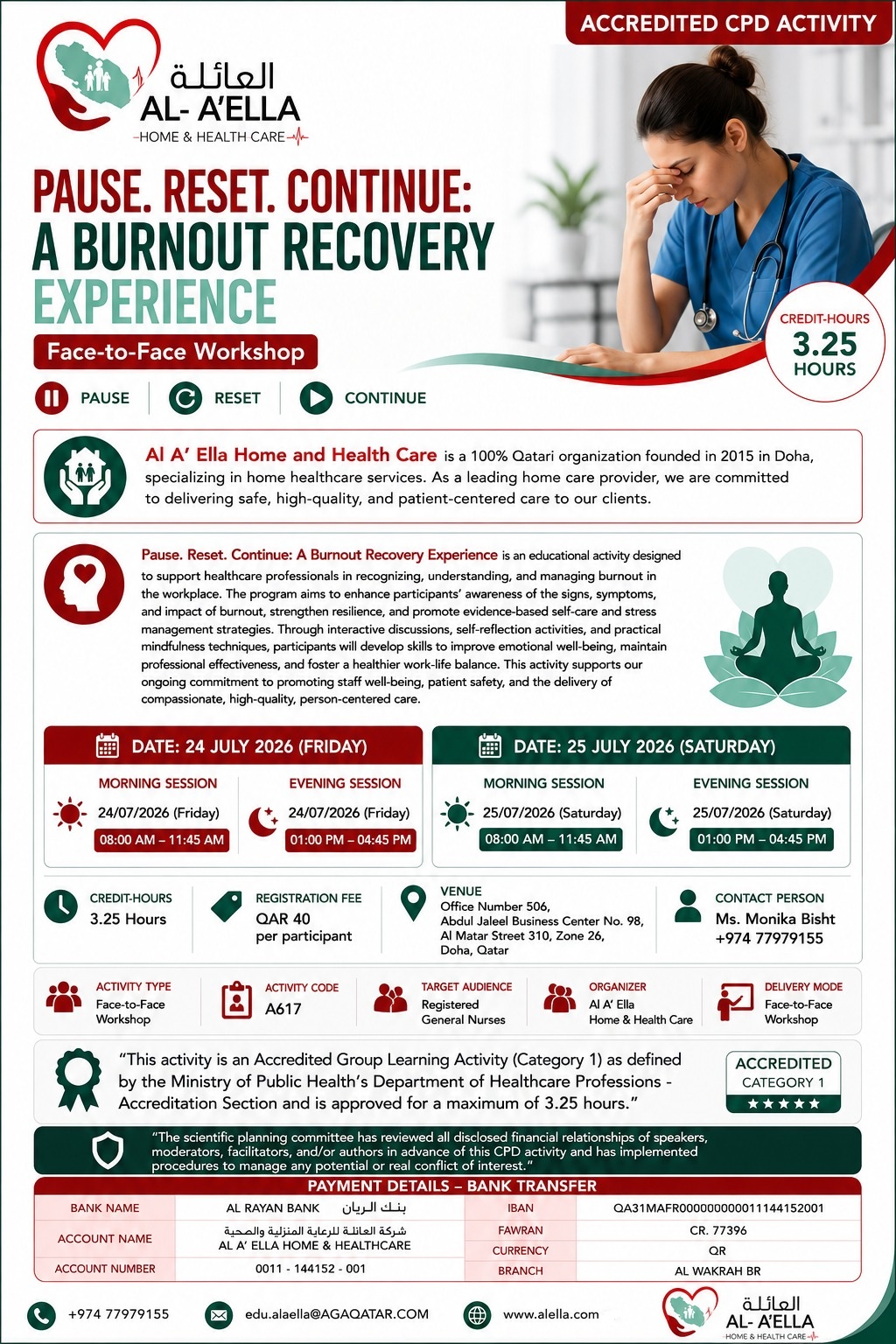 Pause. Reset. Continue. A Burnout Recovery Experience workshop brochure
